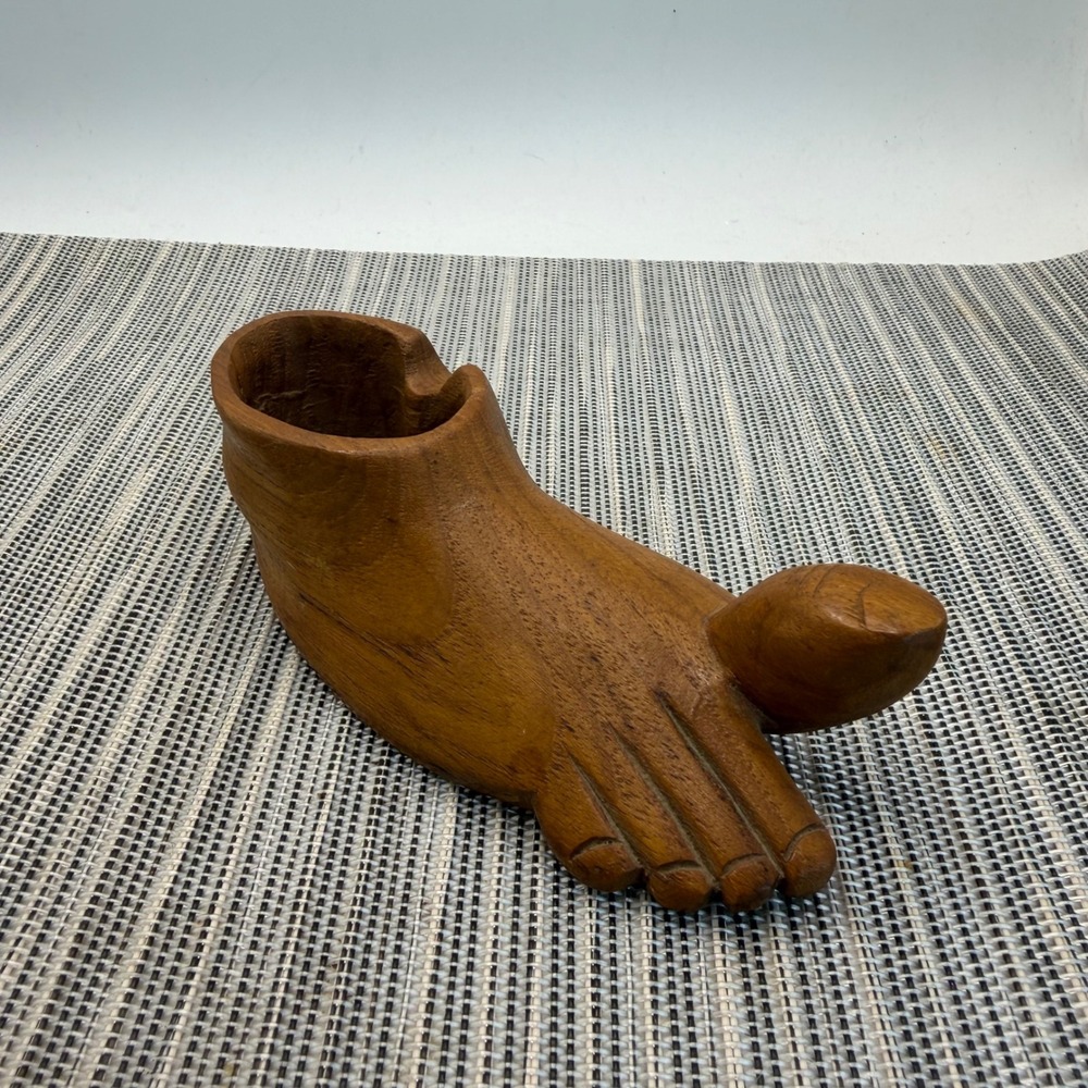 Hand Carved Wooden Foot Ashtray Vintage Folk Art Anatomical Wood Sculpture 5.5in